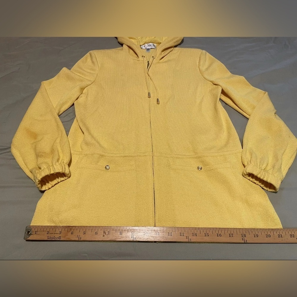 St. John Collection Women's Small Knit Wool Jacket Mustard Zip Lined Hood FLAWED - Picture 12 of 15